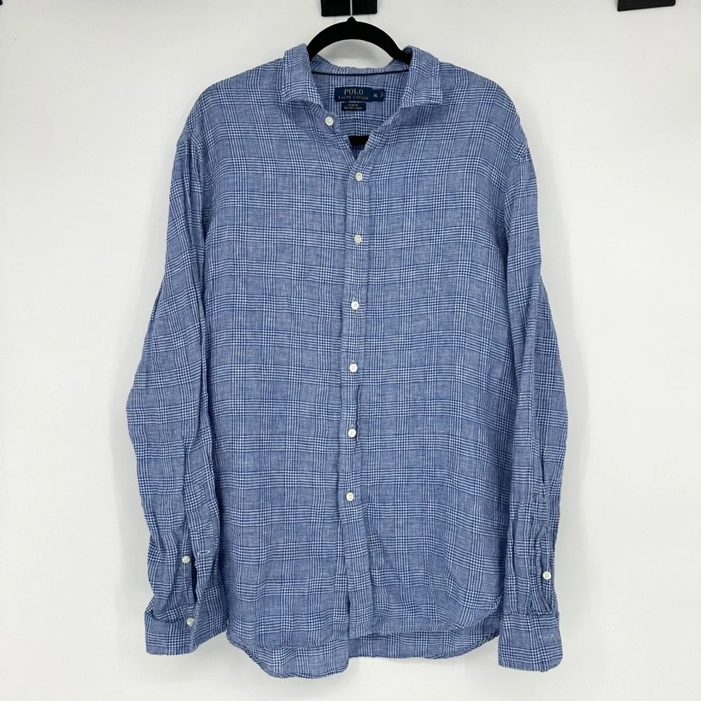 Polo Ralph Lauren Blue Plaid Slim Fit Sea Soft 100% Lin Button Up Preppy Men XL